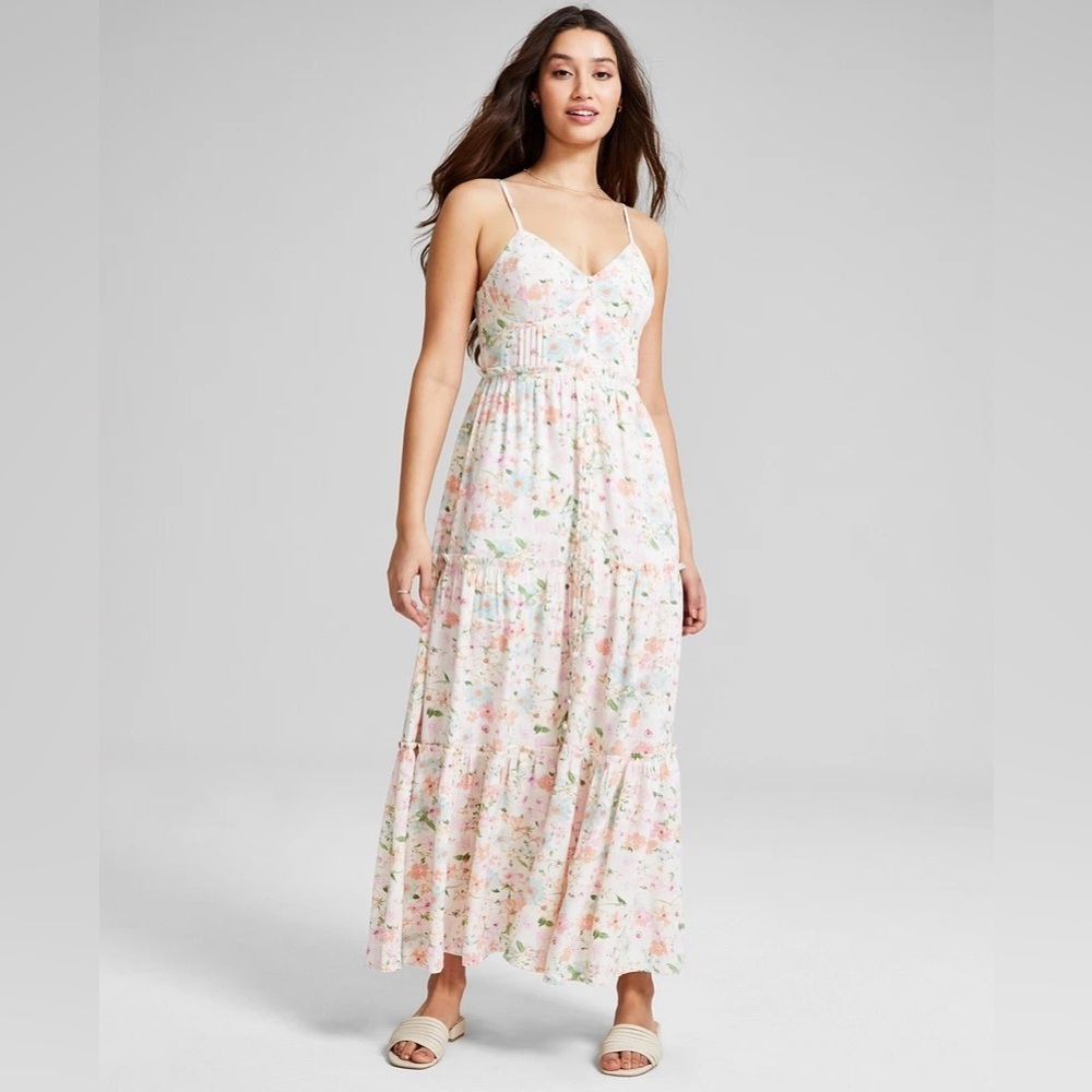 And Now This Women's Linen-Blend Button-Front Maxi Dress, Ivory Floral, XS